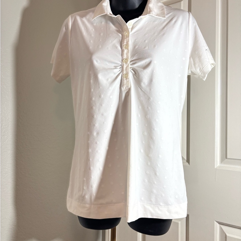 Nike White Ruched Short Sleeve Polo Button Down